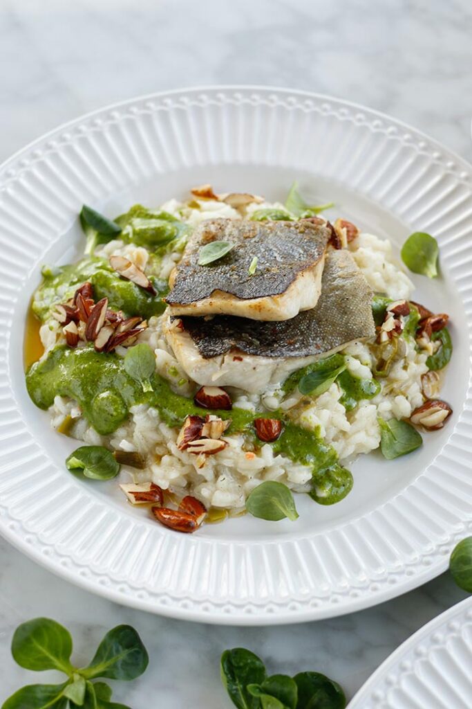 Vanille-Parmesan-Risotto mit gebratenen Bachforellen-Filets und Feldsalat-Mandel-Pesto